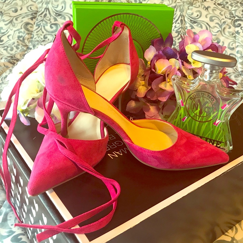 Fuschia Suede Ankle Tie Heels